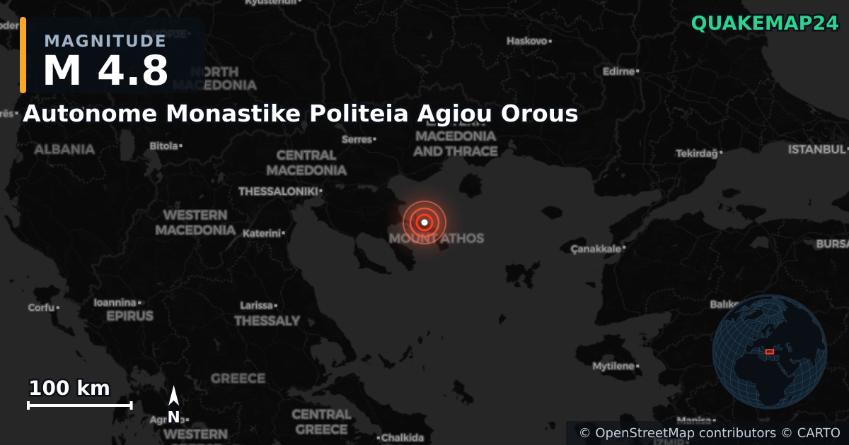 M4.8 earthquake near Autonome Monastike Politeia Agiou Orous on Sep 22, 2025 — map of epicenter and shaking intensity | QuakeMap24