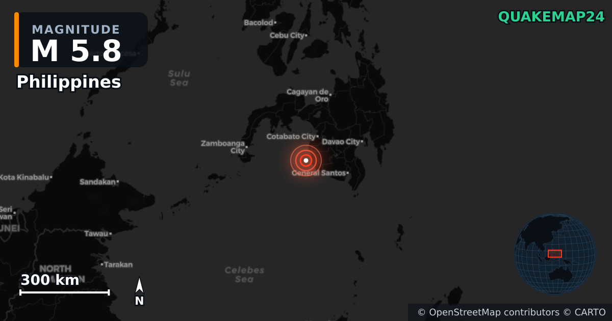 M5.8 earthquake near Philippines on Jan 28, 2026 — map of epicenter and shaking intensity | QuakeMap24