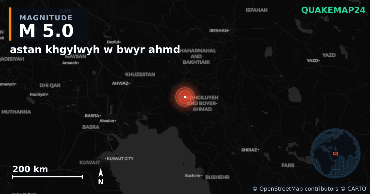 M5.0 earthquake near astan khgylwyh w bwyr ahmd on May 27, 2025 — map of epicenter and shaking intensity | QuakeMap24
