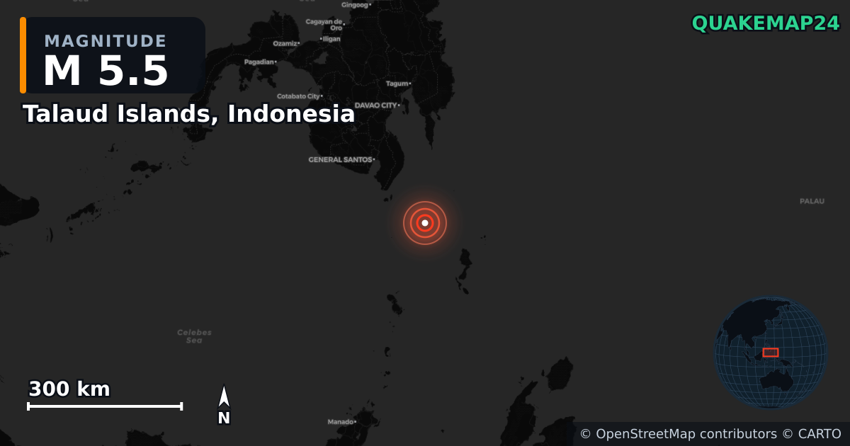 M5.5 earthquake near Talaud Islands, Indonesia on Apr 4, 2026 — map of epicenter and shaking intensity | QuakeMap24
