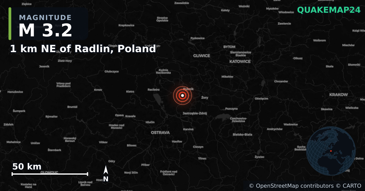 M3.2 earthquake near 1 km NE of Radlin, Poland on Jan 27, 2025 — map of epicenter and shaking intensity | QuakeMap24