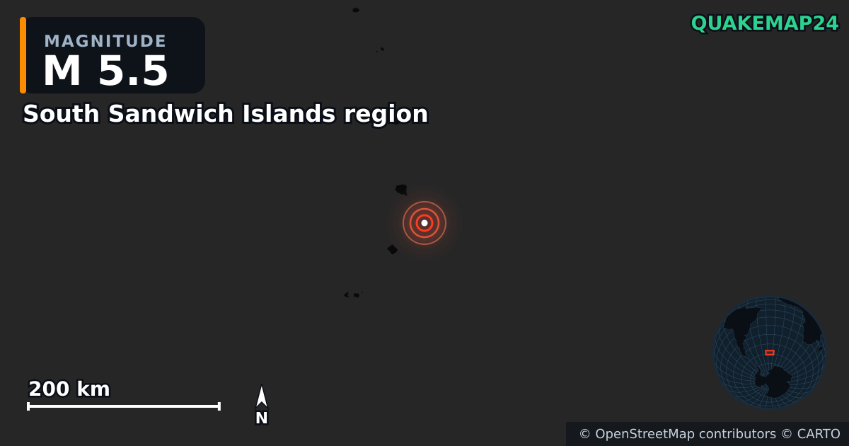 M5.5 earthquake near South Sandwich Islands region on Jan 3, 2025 — map of epicenter and shaking intensity | QuakeMap24