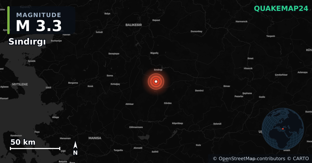 M3.3 earthquake near Sındırgı on Oct 30, 2025 — map of epicenter and shaking intensity | QuakeMap24
