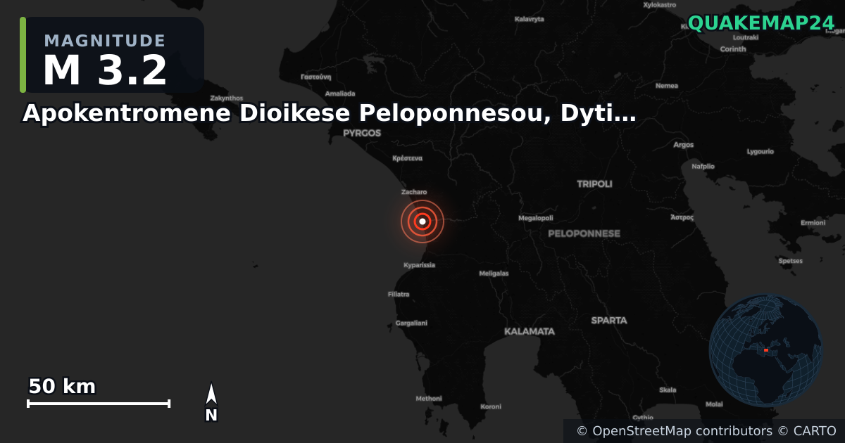 M3.2 earthquake near Apokentromene Dioikese Peloponnesou, Dytikes Elladas kai Ioniou on Nov 18, 2025 — map of epicenter and shaking intensity | QuakeMap24