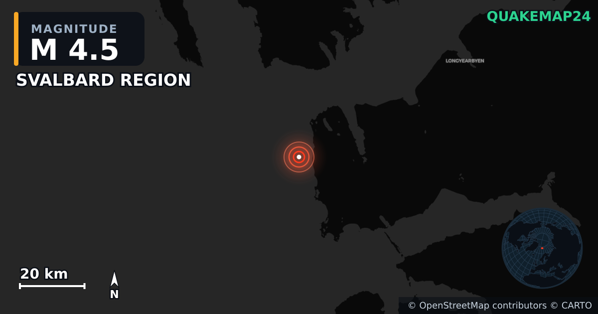M4.5 earthquake near SVALBARD REGION on May 22, 2025 — map of epicenter and shaking intensity | QuakeMap24