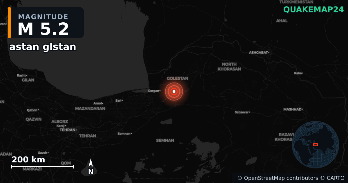 M5.2 earthquake near astan glstan on Jul 19, 2025 — map of epicenter and shaking intensity | QuakeMap24