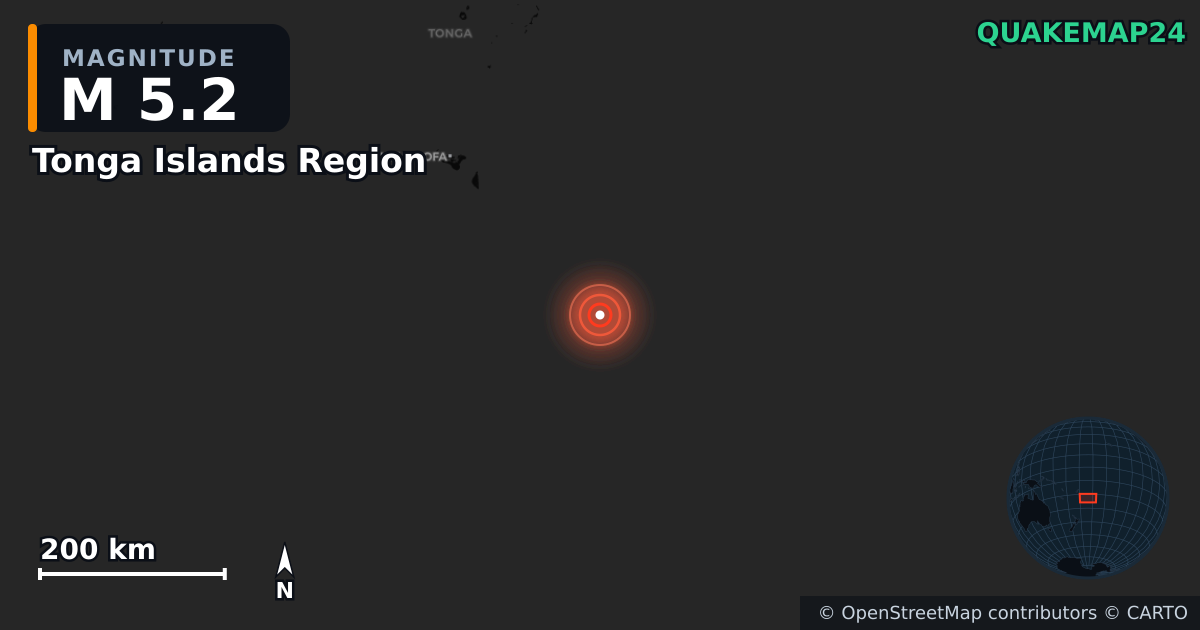 M5.2 earthquake near Tonga Islands Region on May 31, 2025 — map of epicenter and shaking intensity | QuakeMap24