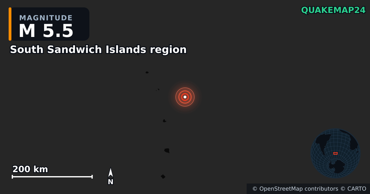 M5.5 earthquake near South Sandwich Islands region on Apr 5, 2025 — map of epicenter and shaking intensity | QuakeMap24