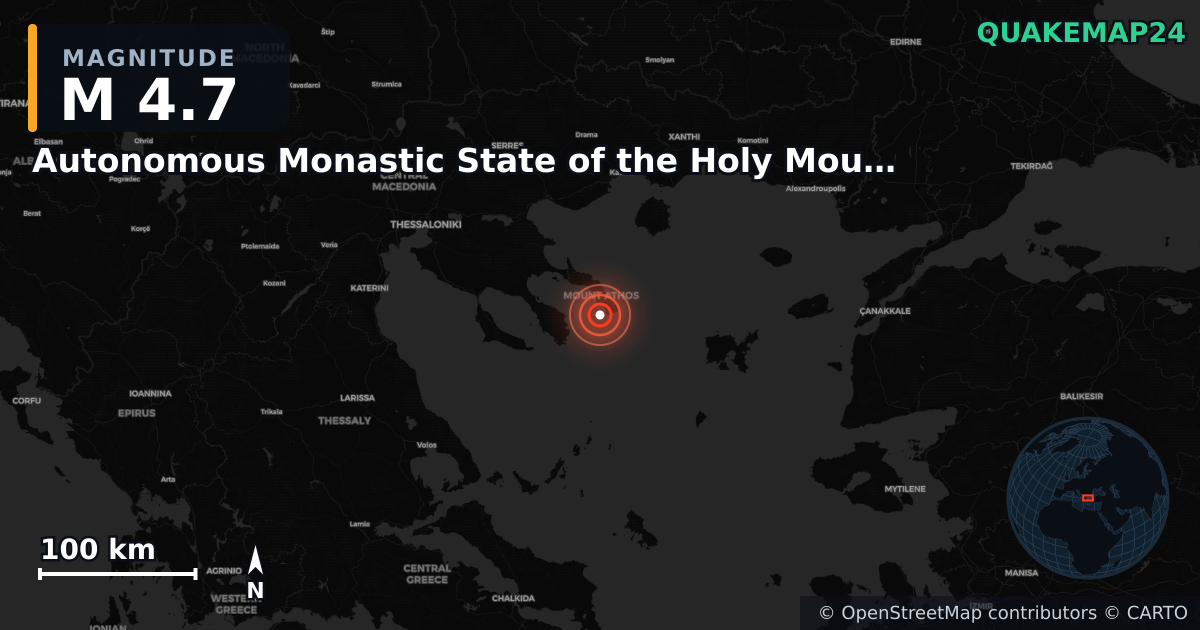 M4.7 earthquake near Autonomous Monastic State of the Holy Mountain on Feb 15, 2025 — map of epicenter and shaking intensity | QuakeMap24