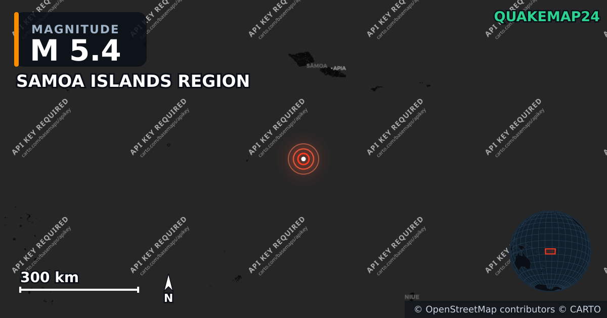 M5.4 earthquake near SAMOA ISLANDS REGION on Mar 27, 2026 — map of epicenter and shaking intensity | QuakeMap24