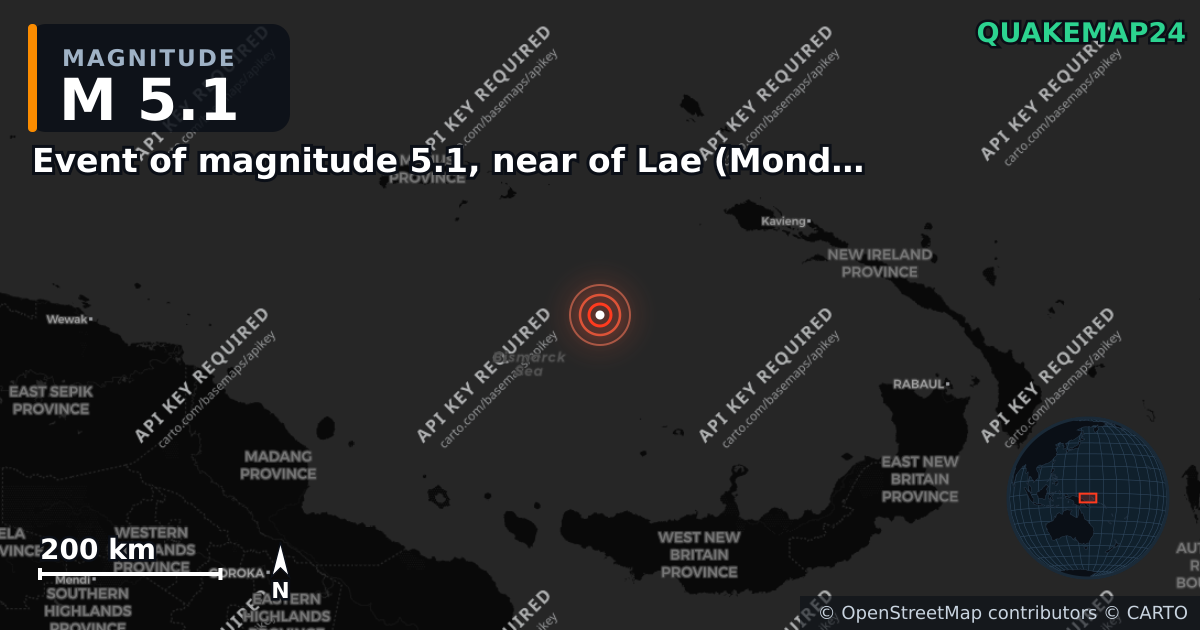 M5.1 earthquake near Event of magnitude 5.1, near of Lae (Monde) on Mar 12, 2026 — map of epicenter and shaking intensity | QuakeMap24