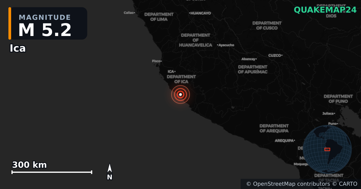 M5.2 earthquake near Ica on May 28, 2025 — map of epicenter and shaking intensity | QuakeMap24