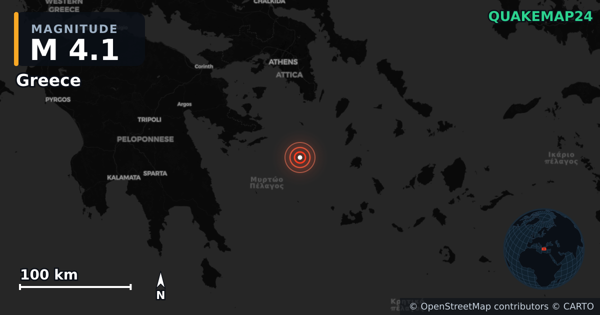 M4.1 earthquake near Greece on Jul 2, 2026 — map of epicenter and shaking intensity | QuakeMap24