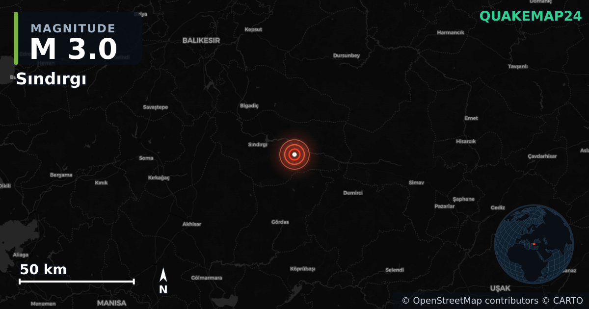 M3.0 earthquake near Sındırgı on Aug 17, 2025 — map of epicenter and shaking intensity | QuakeMap24