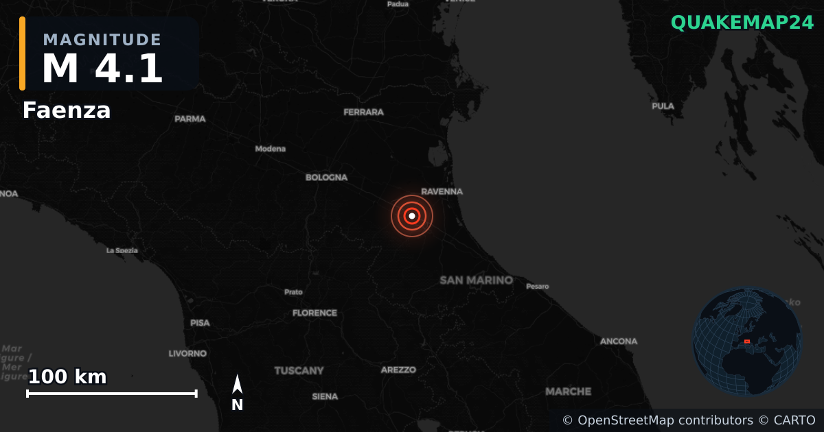 M4.1 earthquake near Faenza on Jan 13, 2026 — map of epicenter and shaking intensity | QuakeMap24