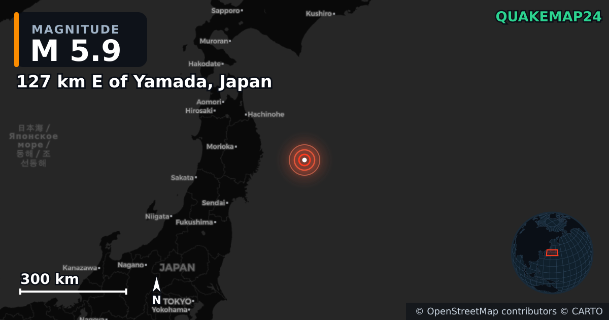 M5.9 earthquake near 127 km E of Yamada, Japan on Nov 9, 2025 — map of epicenter and shaking intensity | QuakeMap24