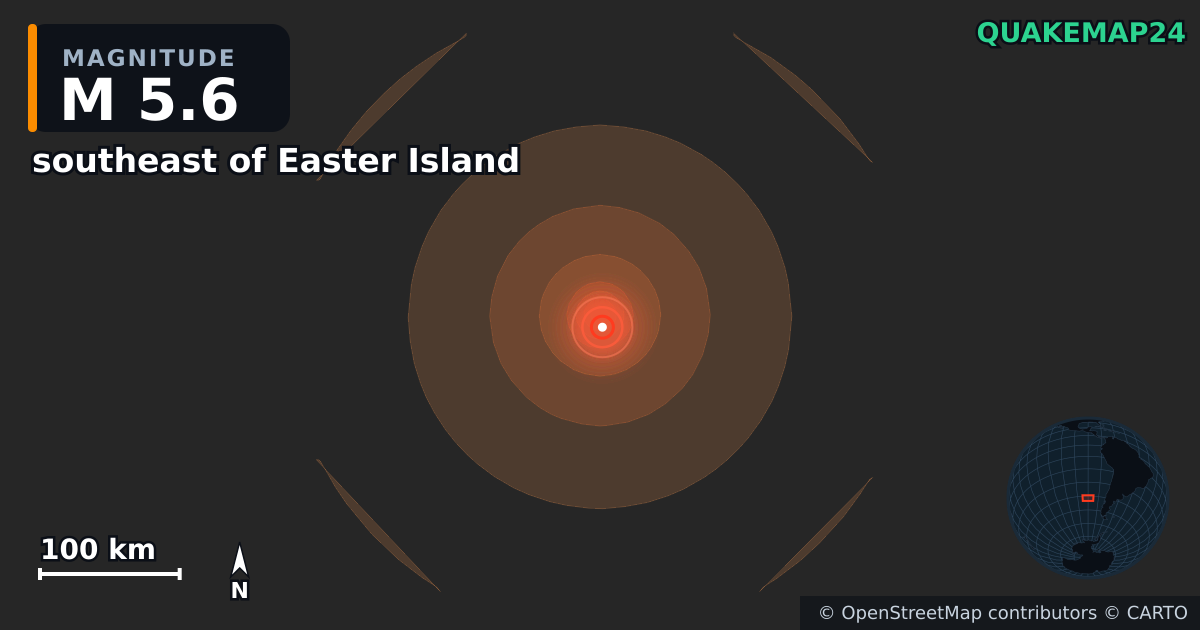 Erdbeben M5,6 bei southeast of Easter Island — Karte der Lage des Epizentrums
