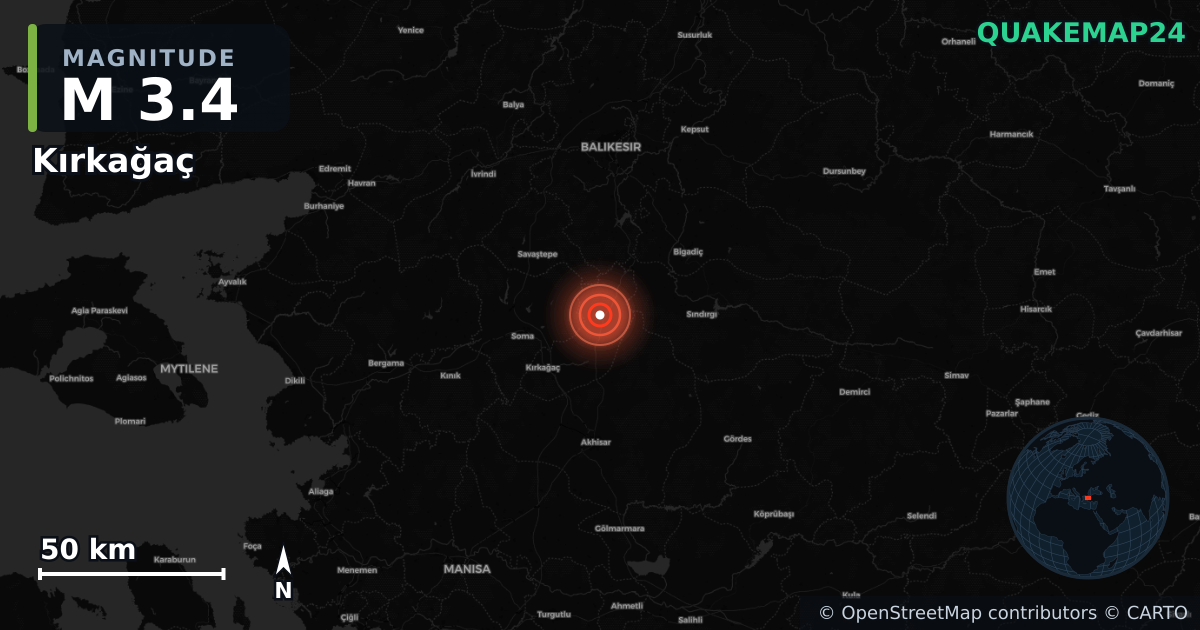 M3.4 earthquake near Kırkağaç on Sep 4, 2025 — map of epicenter and shaking intensity | QuakeMap24