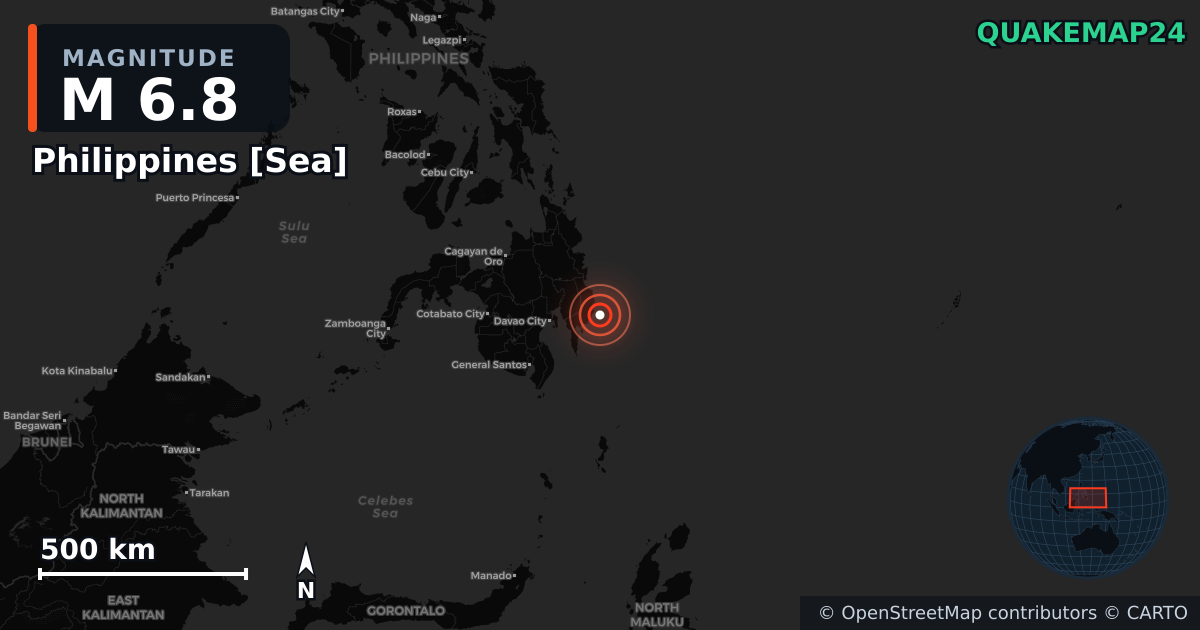 M6.8 earthquake near Philippines [Sea] on Oct 10, 2025 — map of epicenter and shaking intensity | QuakeMap24