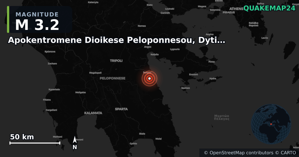 M3.2 earthquake near Apokentromene Dioikese Peloponnesou, Dytikes Elladas kai Ioniou on Sep 18, 2025 — map of epicenter and shaking intensity | QuakeMap24