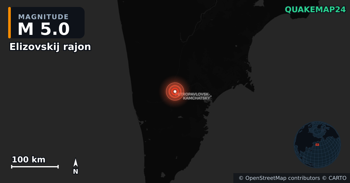 M5.0 earthquake near Elizovskij rajon on Sep 18, 2025 — map of epicenter and shaking intensity | QuakeMap24