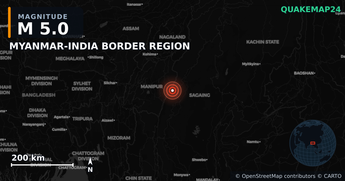 M5.0 earthquake near MYANMAR-INDIA BORDER REGION on Apr 21, 2026 — map of epicenter and shaking intensity | QuakeMap24