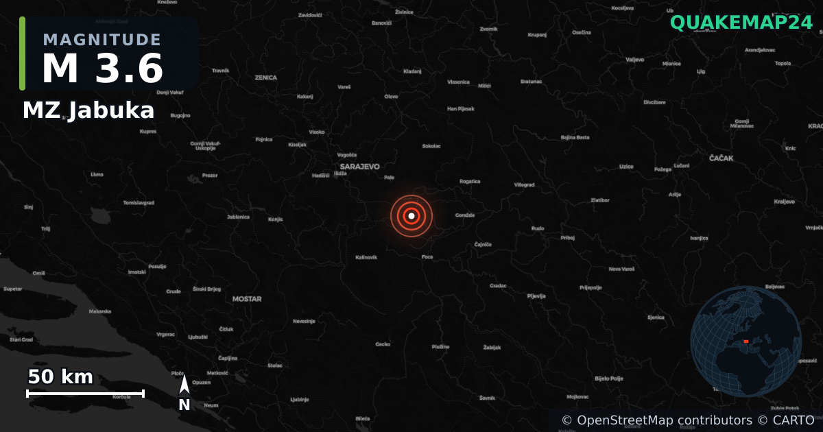 M3.6 earthquake near MZ Jabuka on Aug 14, 2026 — map of epicenter and shaking intensity | QuakeMap24
