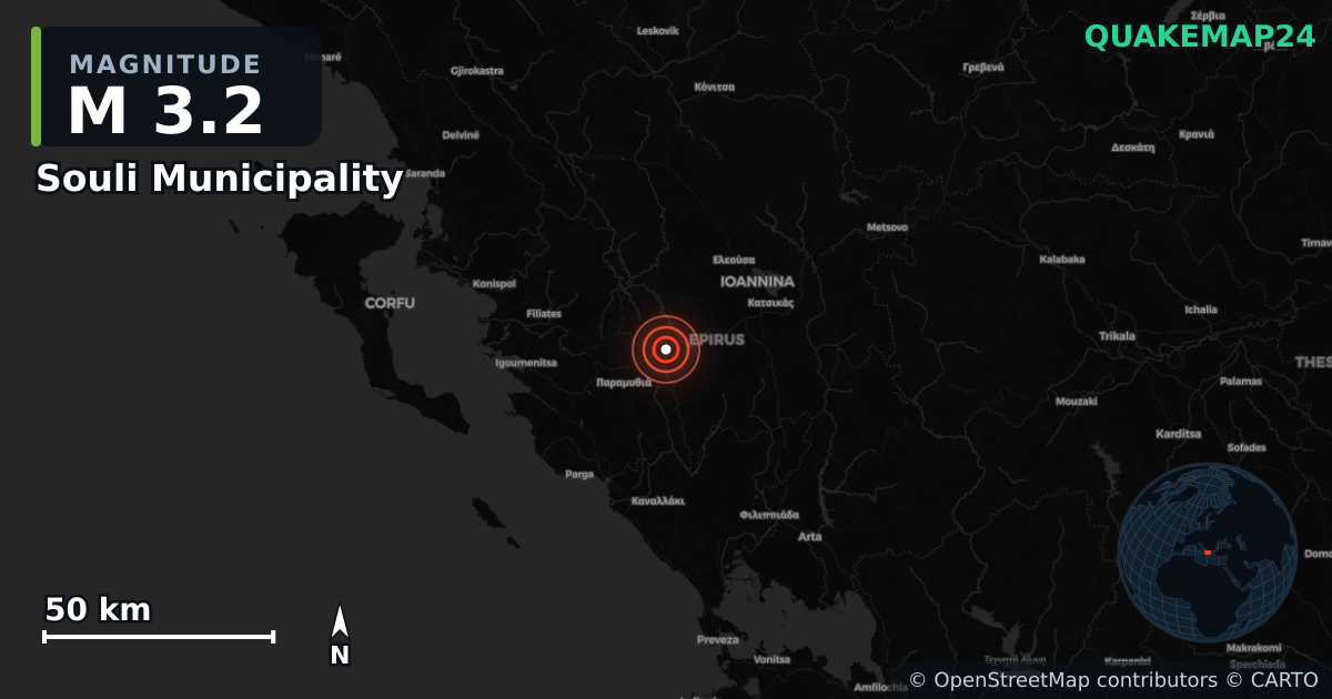 M3.2 earthquake near Souli Municipality on Apr 14, 2026 — map of epicenter and shaking intensity | QuakeMap24