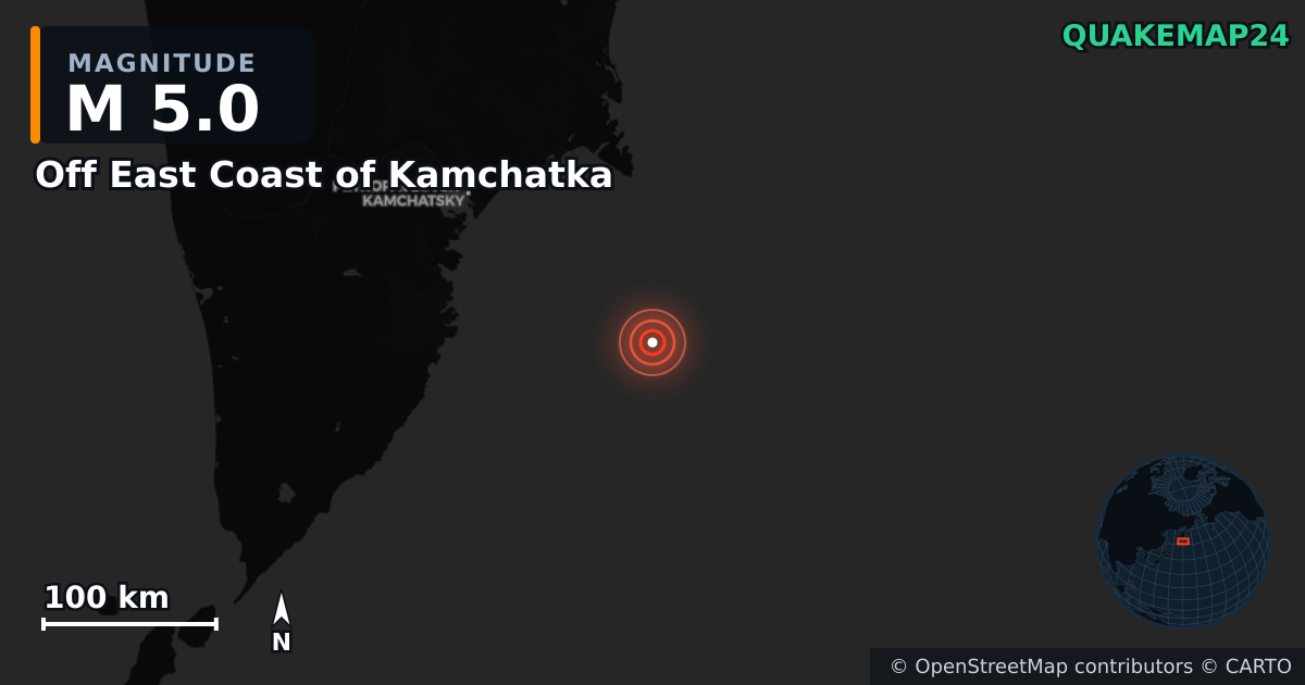 M5.0 earthquake near Off East Coast of Kamchatka on Jul 31, 2025 — map of epicenter and shaking intensity | QuakeMap24