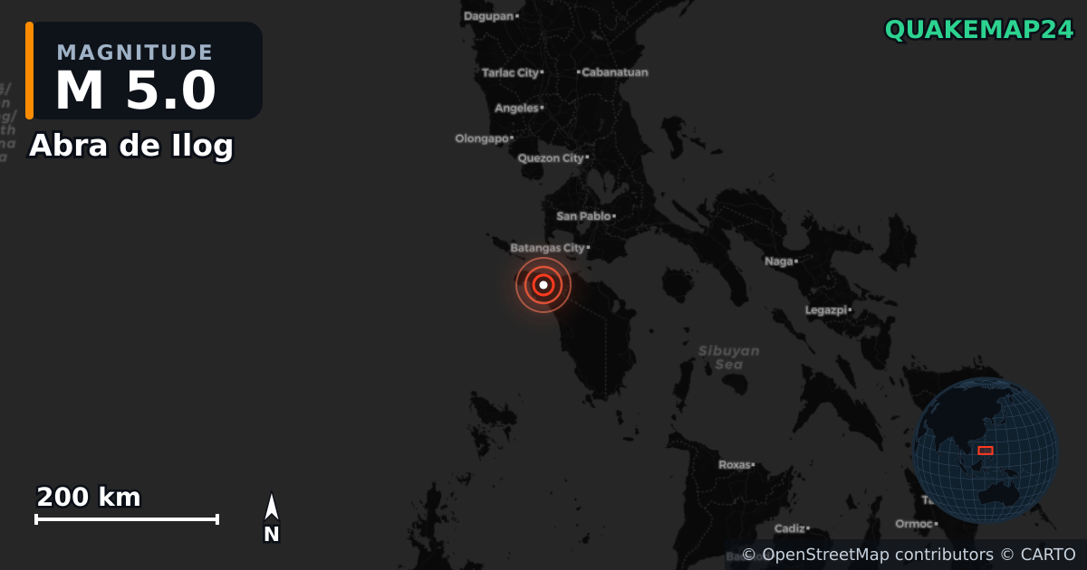 M5.0 earthquake near Abra de Ilog on Aug 7, 2026 — map of epicenter and shaking intensity | QuakeMap24
