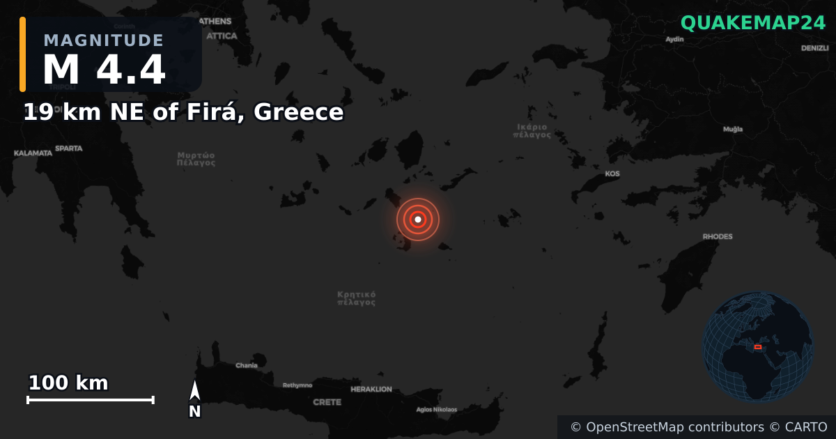 M4.4 earthquake near 19 km NE of Firá, Greece on Feb 10, 2025 — map of epicenter and shaking intensity | QuakeMap24