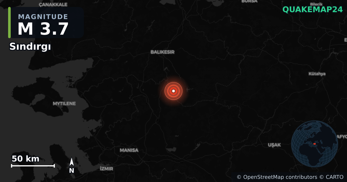M3.7 earthquake near Sındırgı on Aug 24, 2025 — map of epicenter and shaking intensity | QuakeMap24