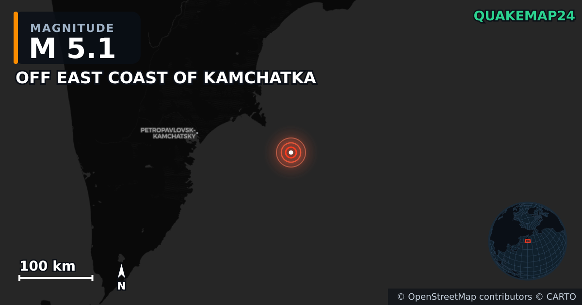 M5.1 earthquake near OFF EAST COAST OF KAMCHATKA on Dec 1, 2025 — map of epicenter and shaking intensity | QuakeMap24