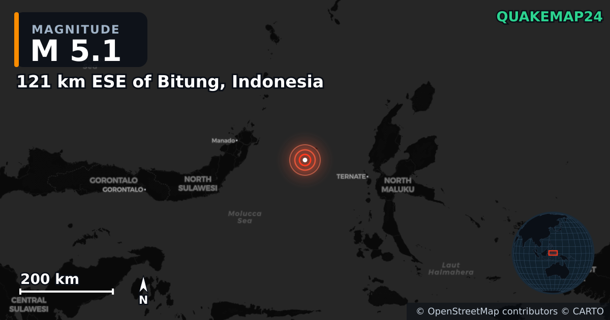 Erdbeben M5,1 bei 121 km ESE of Bitung, Indonesia — Karte der Lage des Epizentrums