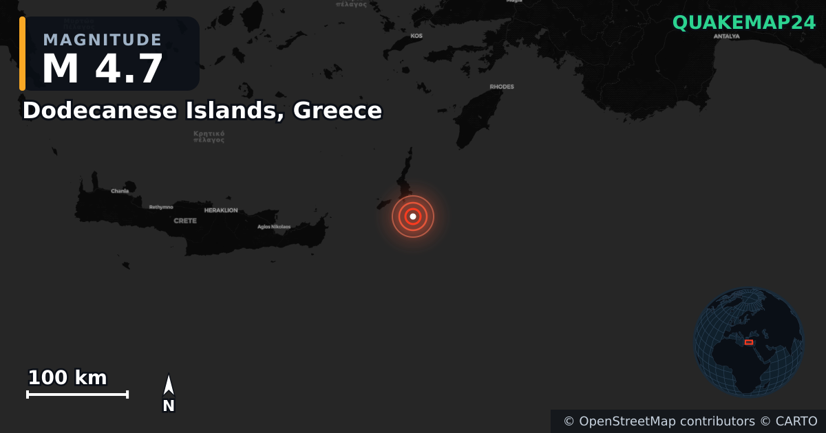 Terremoto de M4,7 cerca de Dodecanese Islands, Greece · 2026-06-24 — Mapa de la ubicación del epicentro