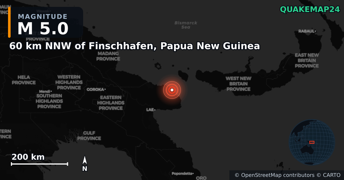 M5.0 earthquake near 60 km NNW of Finschhafen, Papua New Guinea on Mar 15, 2025 — map of epicenter and shaking intensity | QuakeMap24