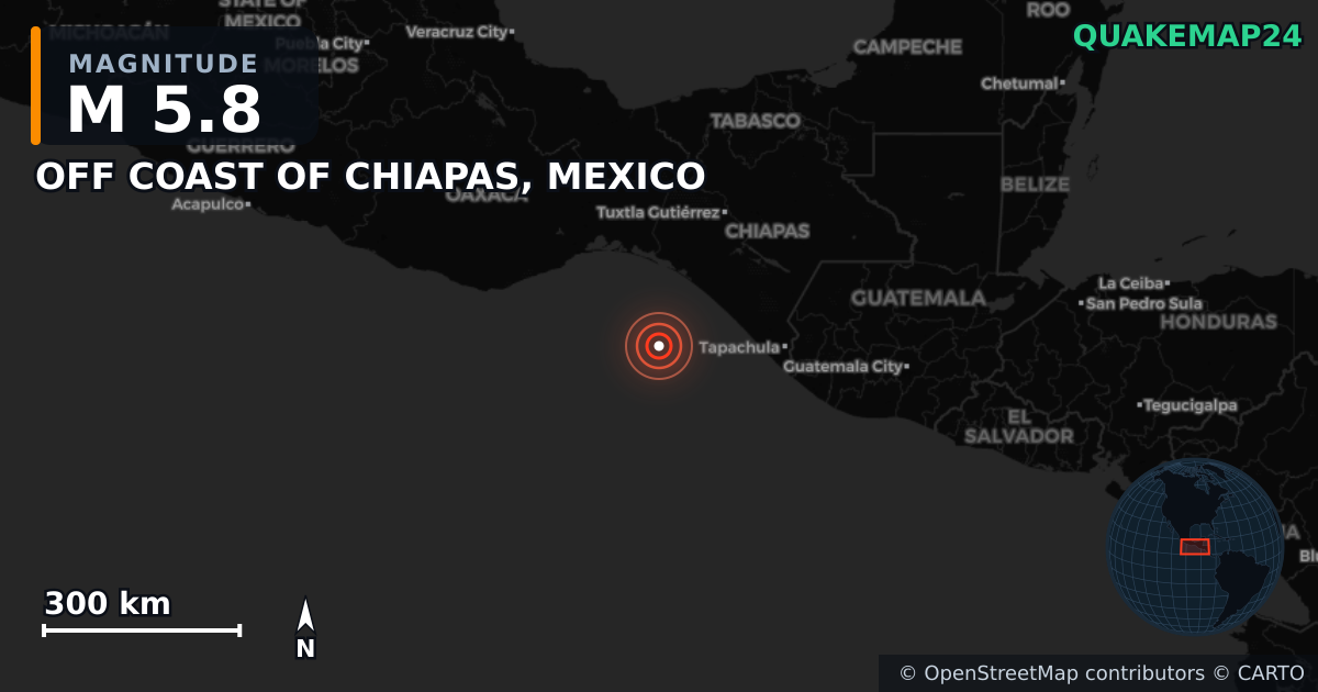 M5.8 earthquake near OFF COAST OF CHIAPAS, MEXICO on Jun 18, 2025 — map of epicenter and shaking intensity | QuakeMap24