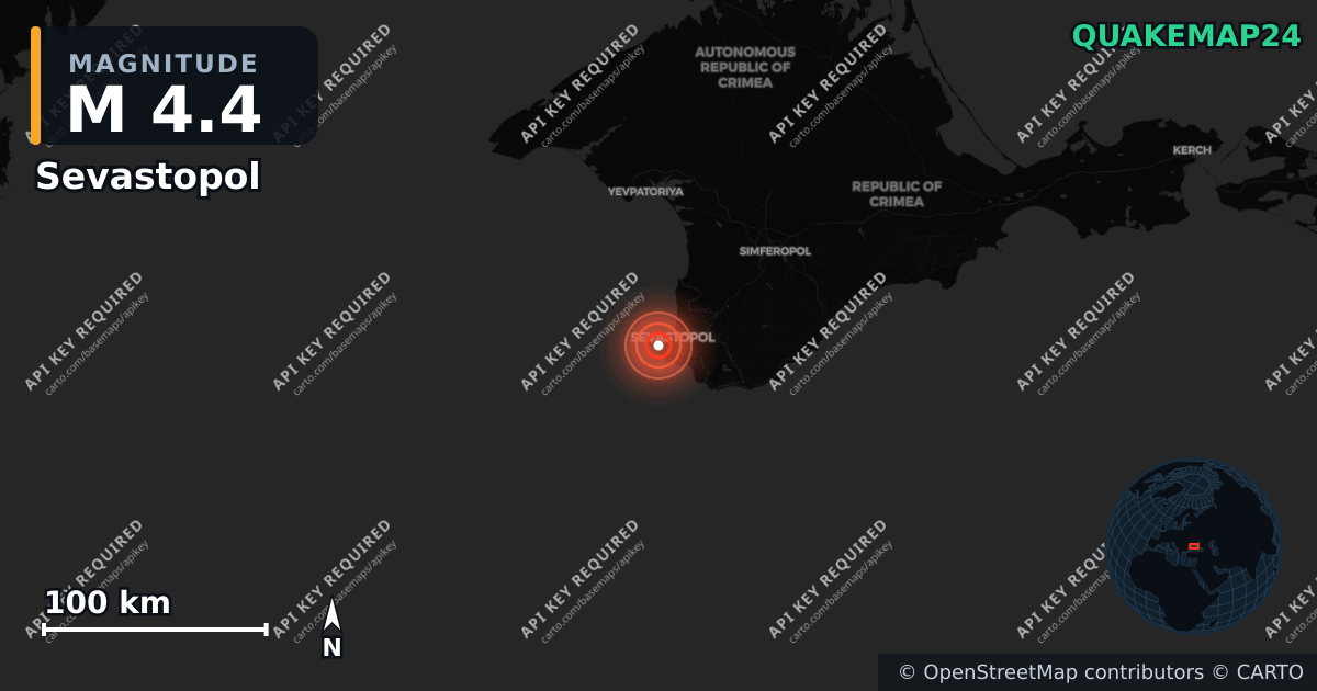 M4.4 earthquake near Sevastopol on Jun 22, 2026 — map of epicenter and shaking intensity | QuakeMap24
