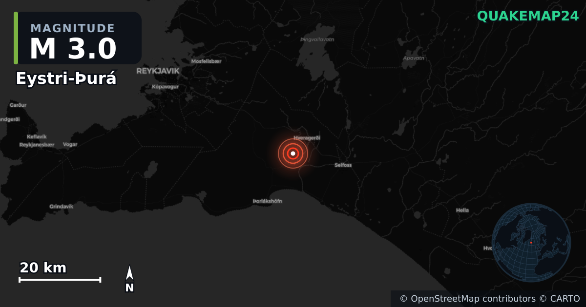 M3.0 earthquake near Eystri-Þurá on Apr 1, 2026 — map of epicenter and shaking intensity | QuakeMap24