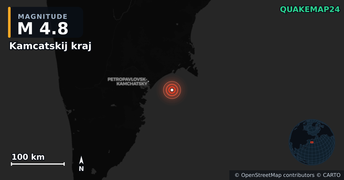 M4.8 earthquake near Kamcatskij kraj on Jan 12, 2026 — map of epicenter and shaking intensity | QuakeMap24