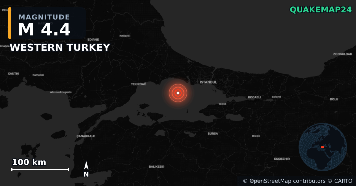 M4.4 earthquake near WESTERN TURKEY on Apr 23, 2025 — map of epicenter and shaking intensity | QuakeMap24