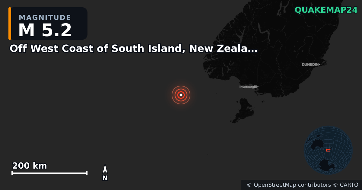 Erdbeben M5,2 bei Off West Coast of South Island, New Zealand — Karte der Lage des Epizentrums
