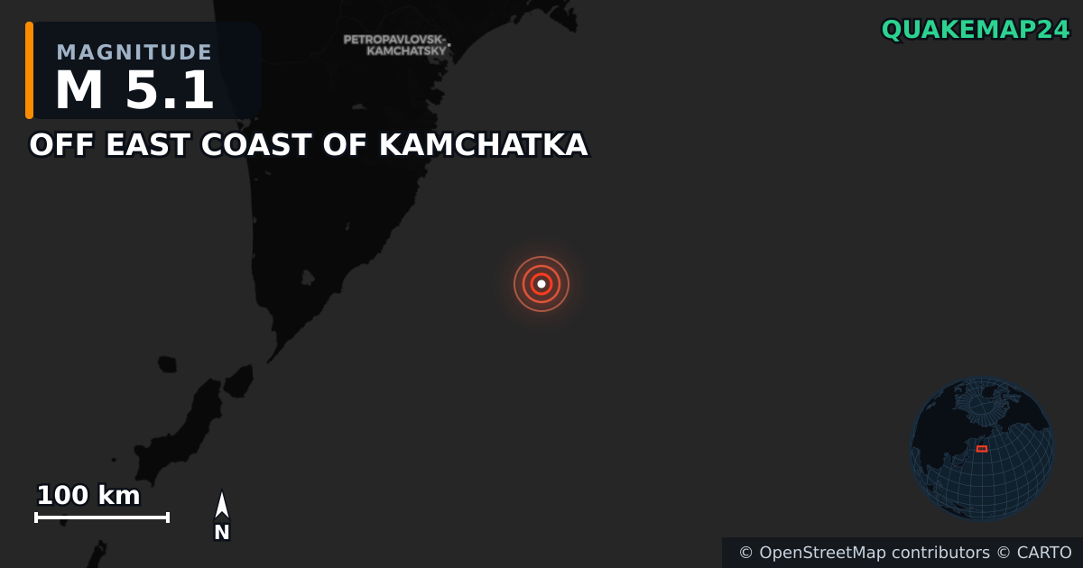 M5.1 earthquake near OFF EAST COAST OF KAMCHATKA on Sep 25, 2025 — map of epicenter and shaking intensity | QuakeMap24