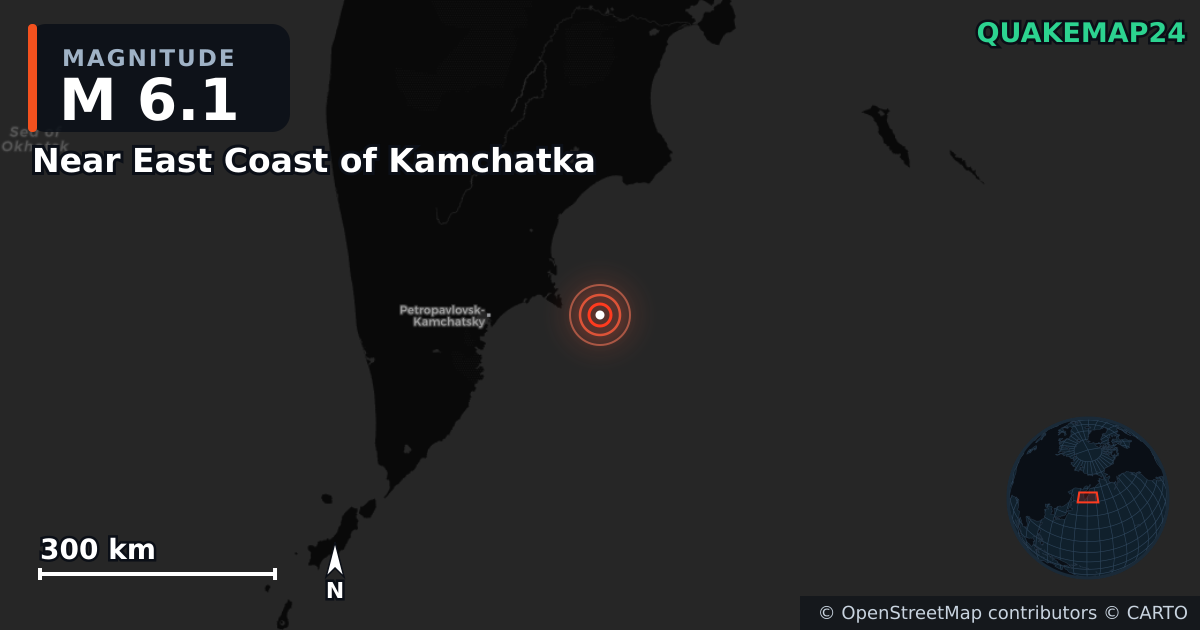 M6.1 earthquake near Near East Coast of Kamchatka on Sep 18, 2025 — map of epicenter and shaking intensity | QuakeMap24