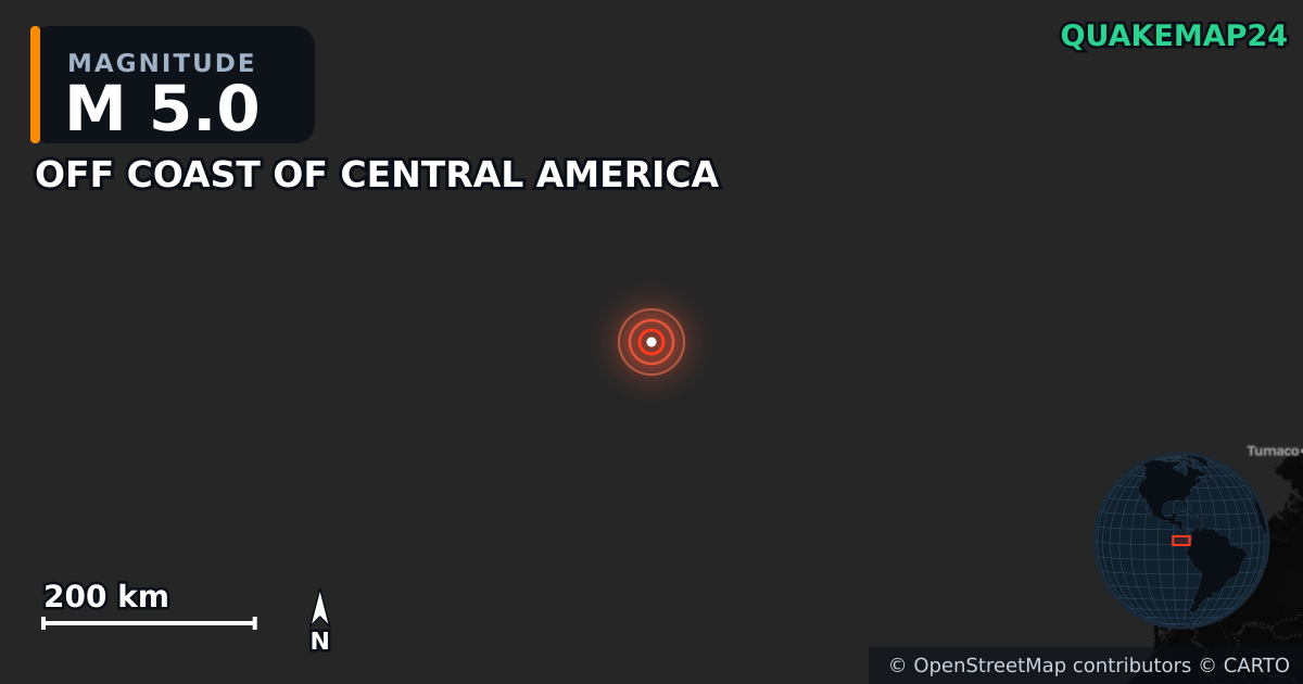 Sismo de M5,0 perto de OFF COAST OF CENTRAL AMERICA · 2026-02-07 — Mapa da localização do epicentro