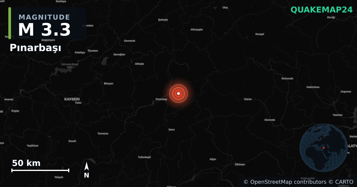 Sismo de M3,3 perto de Pınarbaşı, Kayseri (Turquia) · 2026-06-15 — Mapa da localização do epicentro