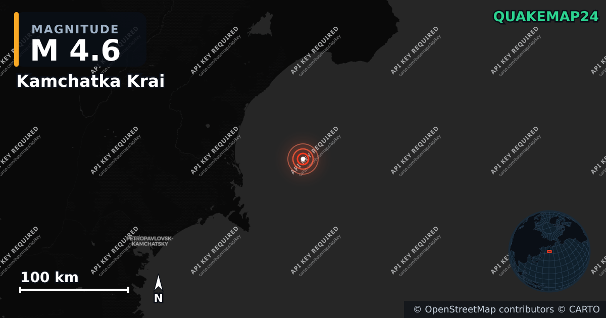 M4.6 earthquake near Kamchatka Krai on Jun 24, 2026 — map of epicenter and shaking intensity | QuakeMap24