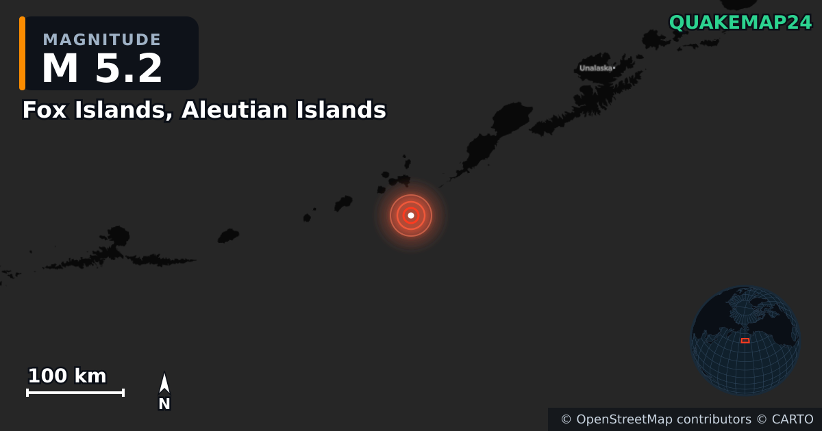 M5.2 earthquake near Fox Islands, Aleutian Islands on Sep 4, 2025 — map of epicenter and shaking intensity | QuakeMap24
