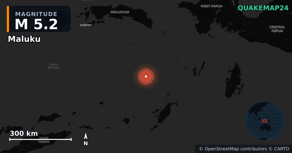 M5.2 earthquake near Maluku on Feb 28, 2025 — map of epicenter and shaking intensity | QuakeMap24