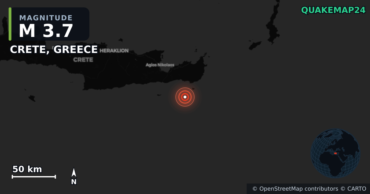 M3.7 earthquake near CRETE, GREECE on Jul 7, 2026 — map of epicenter and shaking intensity | QuakeMap24